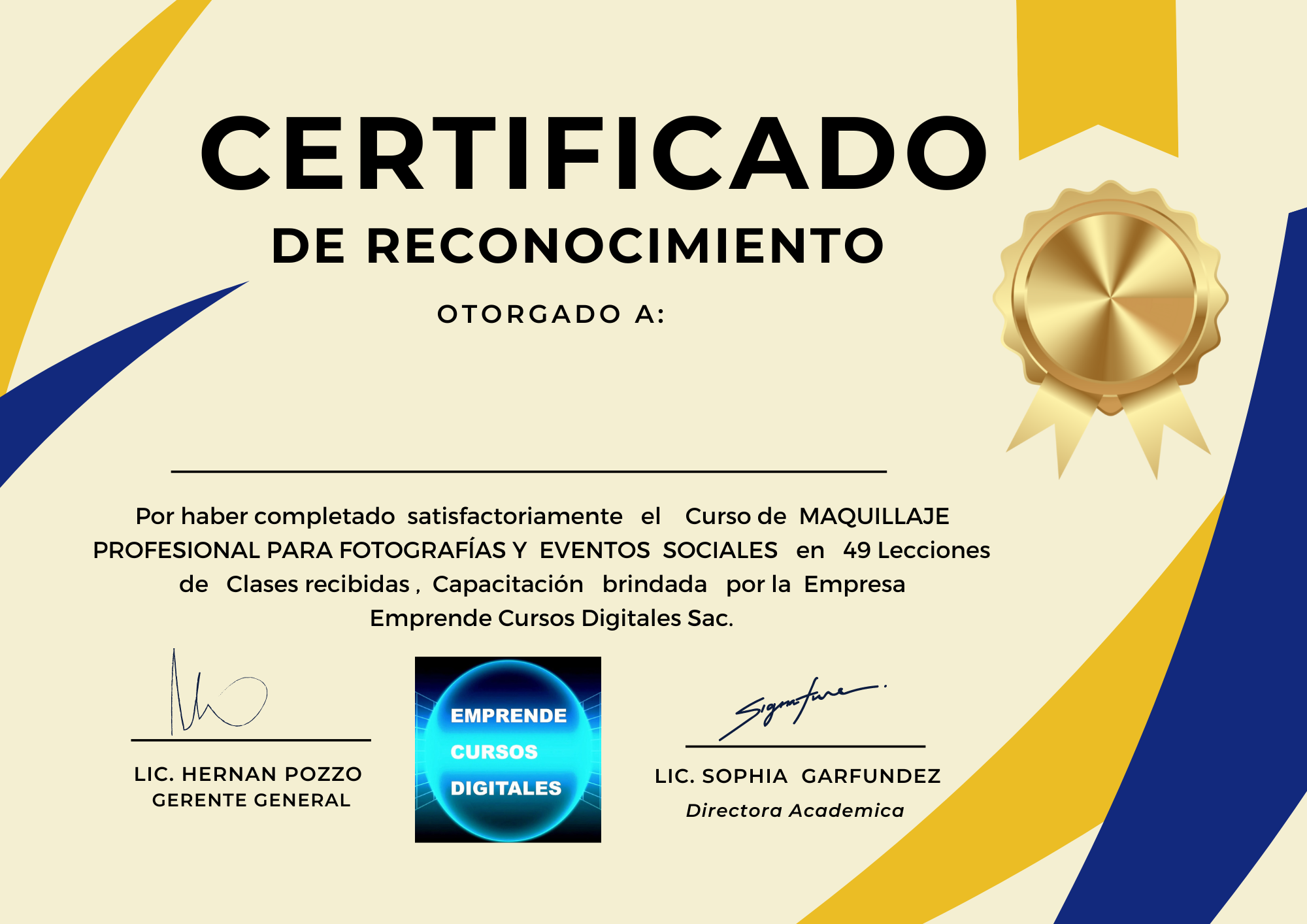 Certificado de Reconocimiento CURSO DE MAQUILLAJE PARA FOTOGRAFIAS Y EVENTOS